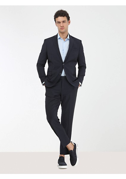 Modern Fıt Çizgili Lacivert Erkek Takım Elbise TKM-2752 fırsatları