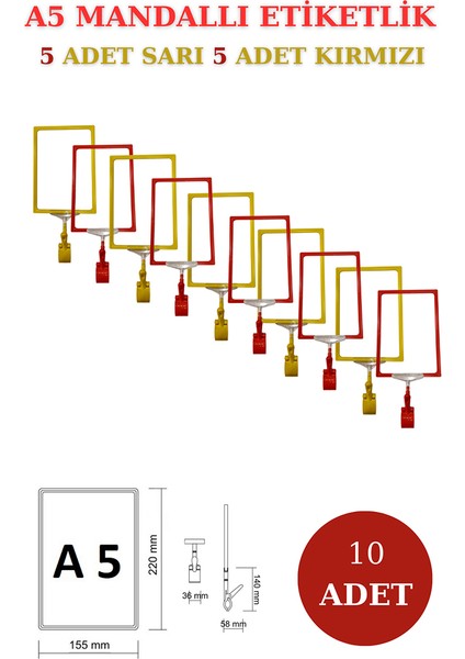 10 Adet Sarı Kırmızı A5 Mandallı Raf Etiketi Sepet Etiketi Çerçeveli Etiketlik Eşek-Askılık Etiketi