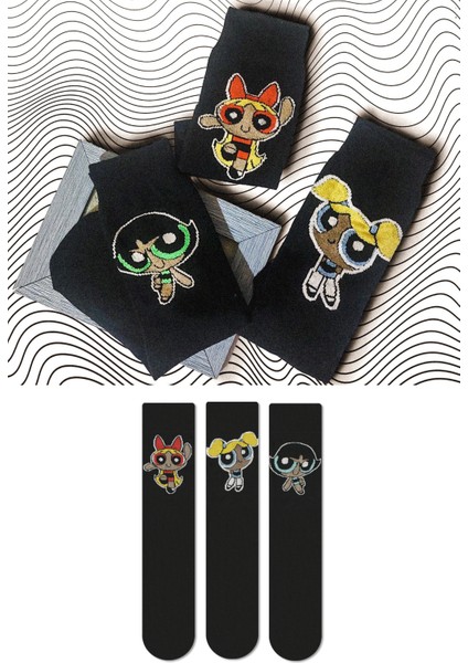 Powerpuff Girls Desenli Dört Mevsim Unisex Renkli 3'lü Soket Çorap Seti