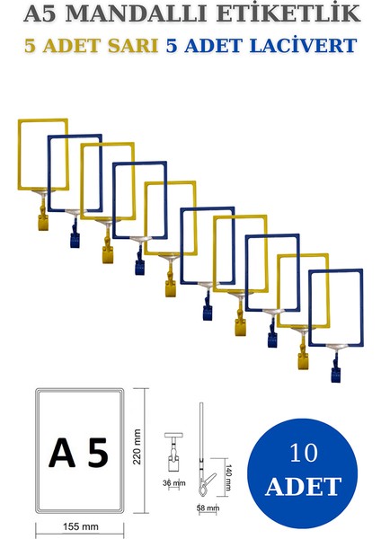 10 Adet Sarı Lacivert A5 Mandallı Raf Etiketi Sepet Etiketi Çerçeveli Etiketlik Eşek-Askılık Etiketi
