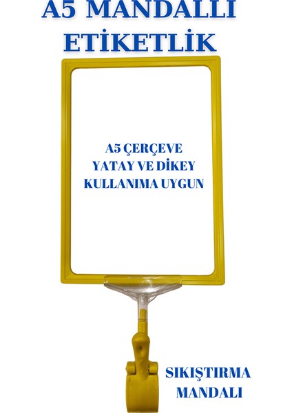 10 Adet Sarı Lacivert A5 Mandallı Raf Etiketi Sepet Etiketi Çerçeveli Etiketlik Eşek-Askılık Etiketi