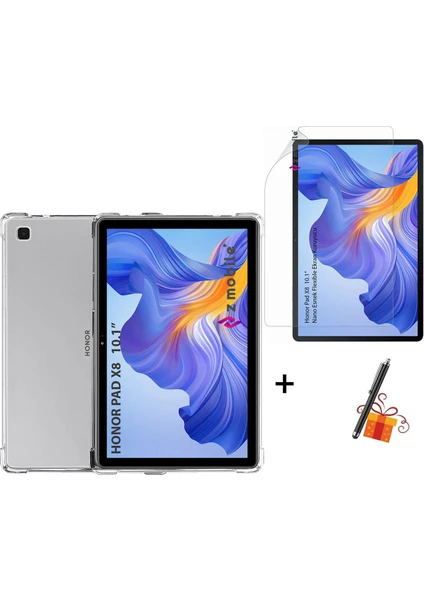 Honor Pad X8 10.1" Silikon Kılıf Antishock - Şeffaf Nano Esnek Ekran Koruyucu Kalem Hediyeli Set