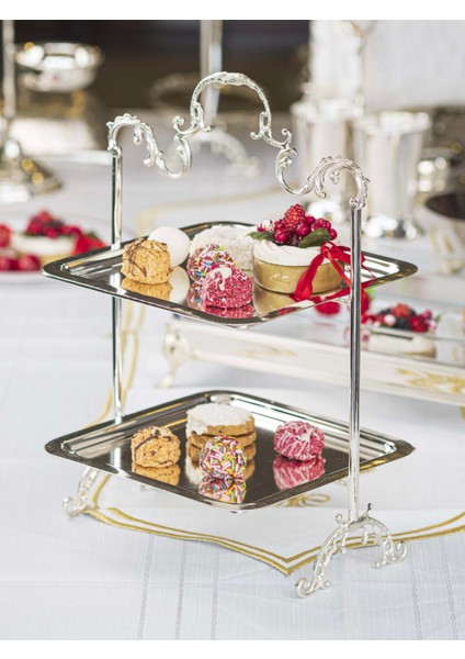 Gümüş Kaplama Tepsili Sunumluk 2 Katlı Kare Model