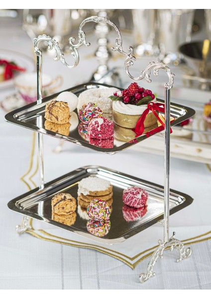 Gümüş Kaplama Tepsili Sunumluk 2 Katlı Kare Model fiyatları