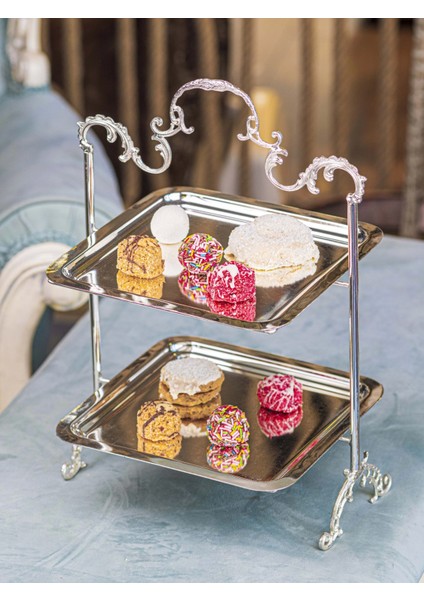 Gümüş Kaplama Tepsili Sunumluk 2 Katlı Kare Model fırsatları