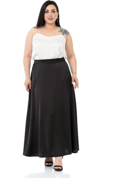 Büyük Beden Beli Arkadan Lastikli Kloş Saten Uzun Siyah Etek