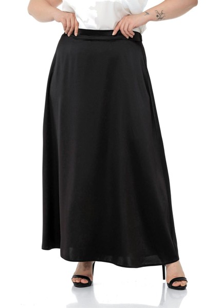 Büyük Beden Beli Arkadan Lastikli Kloş Saten Uzun Siyah Etek fiyatları