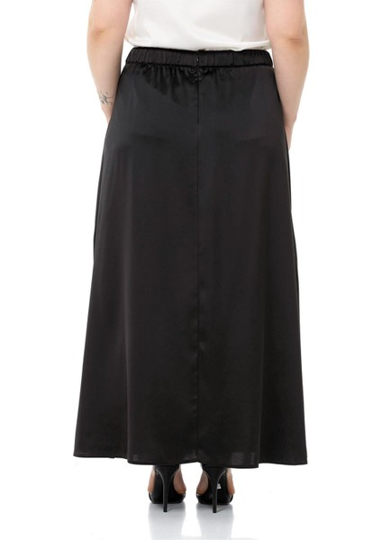 Büyük Beden Beli Arkadan Lastikli Kloş Saten Uzun Siyah Etek modelleri