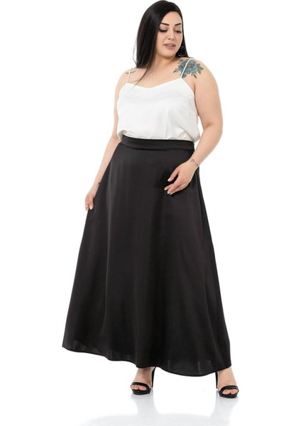Büyük Beden Beli Arkadan Lastikli Kloş Saten Uzun Siyah Etek fırsatları