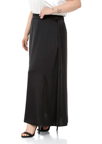 Büyük Beden Beli Arkadan Lastikli Kloş Saten Uzun Siyah Etek indirimleri
