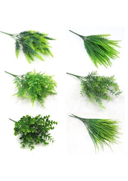 6lı Set Yapay Çiçek Fesleğen Şimşir Boston Saz Demeti 5dal Garnitür Aradal Dekoratif Yapay Bitki