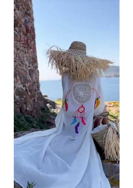 Bohem Stil Özel Tasarım Ham Keten Düş Kapanı El Işlemeli Boho Kimono Kaftan