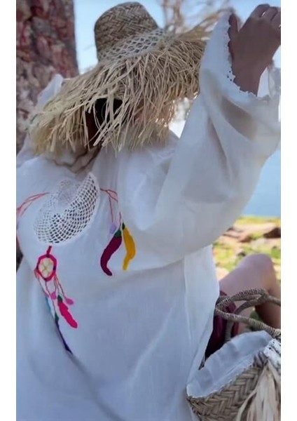 Bohem Stil Özel Tasarım Ham Keten Düş Kapanı El Işlemeli Boho Kimono Kaftan