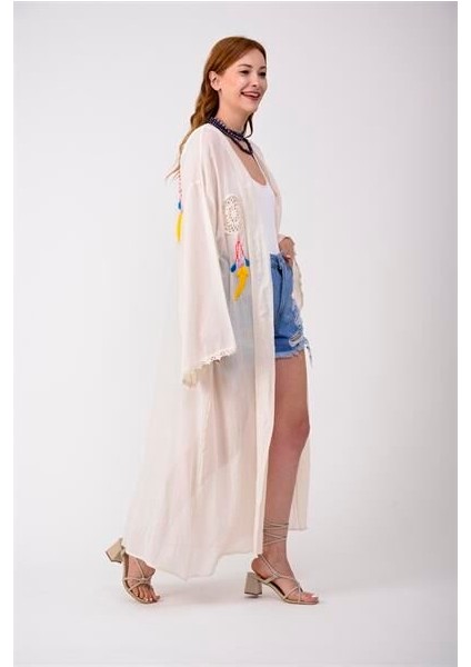 Bohem Stil Özel Tasarım Ham Keten Düş Kapanı El Işlemeli Boho Kimono Kaftan