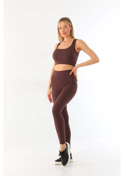 Kahverengi Yüksek Bel Toparlayıcı Fitilli Spor Tayt ve Crop Takım fiyatları