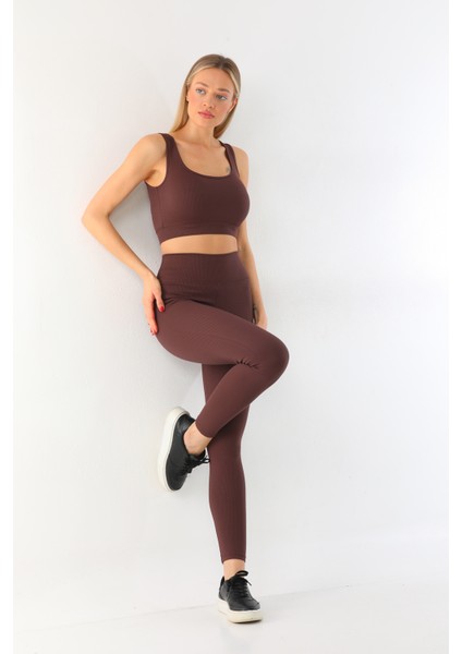 Kahverengi Yüksek Bel Toparlayıcı Fitilli Spor Tayt ve Crop Takım modelleri