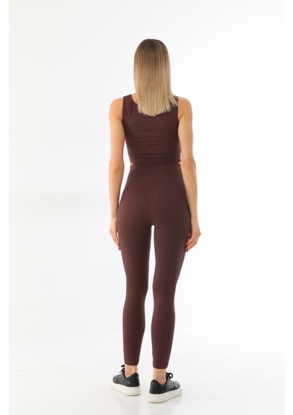 Kahverengi Yüksek Bel Toparlayıcı Fitilli Spor Tayt ve Crop Takım fırsatları