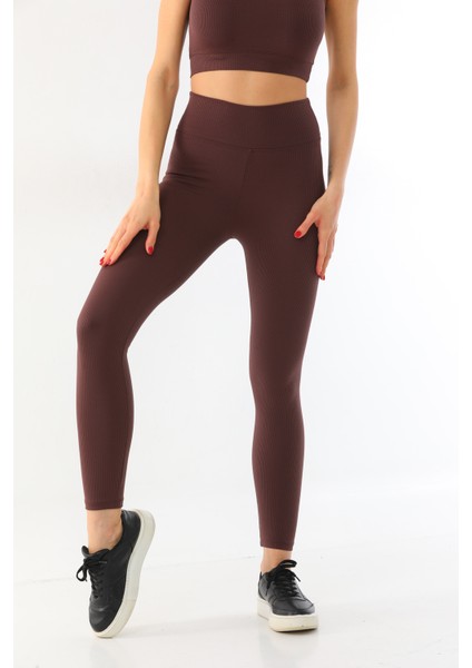 Kahverengi Yüksek Bel Toparlayıcı Fitilli Spor Tayt ve Crop Takım indirimleri