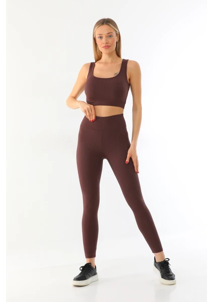 Kahverengi Spor Fitilli Crop-Tayt Takım