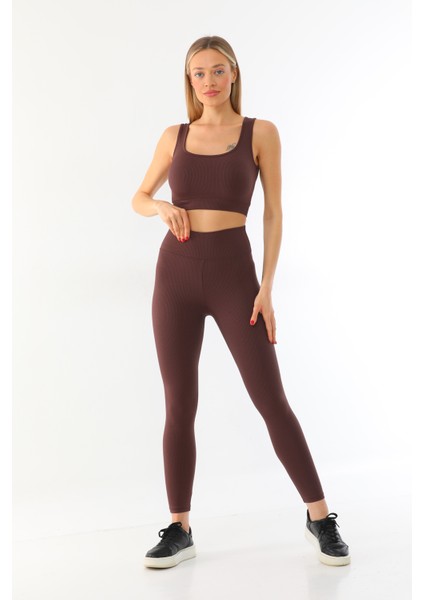 Kahverengi Yüksek Bel Toparlayıcı Fitilli Spor Tayt ve Crop Takım