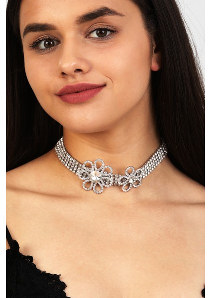 Kadın Flor Model Zirkon Taşlı Gümüş Pırlanta Abiye Gerdanlık Kolye Tasma Boyunluk Gelin Choker Takı