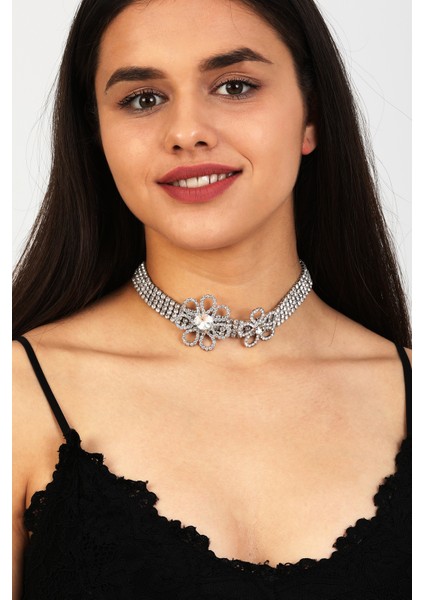 Kadın Flor Model Zirkon Taşlı Gümüş Pırlanta Abiye Gerdanlık Kolye Tasma Boyunluk Gelin Choker Takı