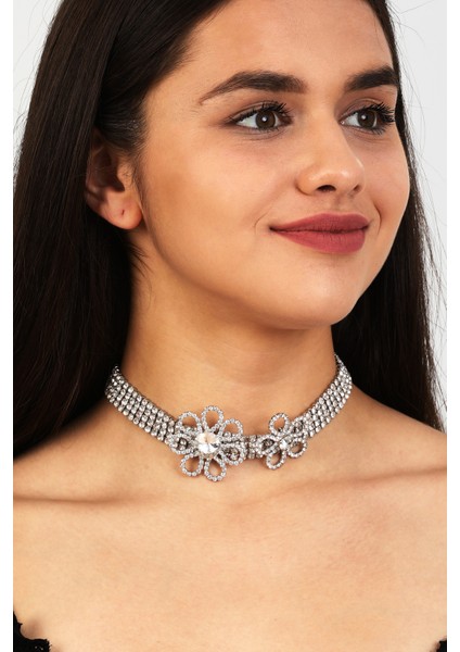 Kadın Flor Model Zirkon Taşlı Gümüş Pırlanta Abiye Gerdanlık Kolye Tasma Boyunluk Gelin Choker Takı