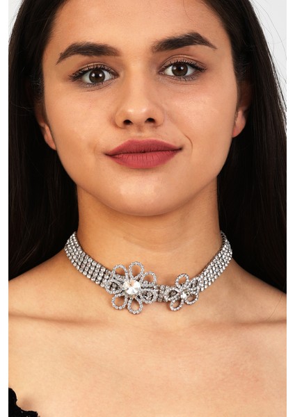 Kadın Flor Model Zirkon Taşlı Gümüş Pırlanta Abiye Gerdanlık Kolye Tasma Boyunluk Gelin Choker Takı