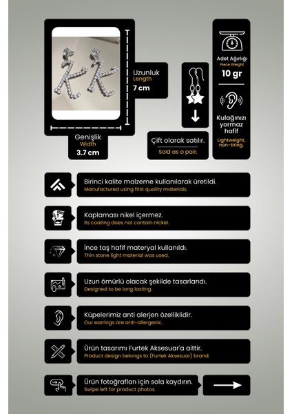 Furtek Aksesuar Kadın K Harf Model Zirkon Taşlı Gümüş Pırlanta Abiye Elbise Düğün Nişan Kına Söz Parti Balo Küpesi