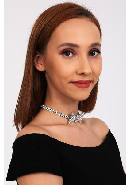 Kadın Papyon Model Zirkon Taşlı Gümüş Pırlanta Abiye Gerdanlık Tasma Kolye Nişan Düğün Söz Choker