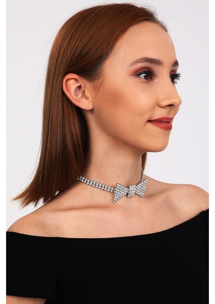 Kadın Papyon Model Zirkon Taşlı Gümüş Pırlanta Abiye Gerdanlık Tasma Kolye Nişan Düğün Söz Choker