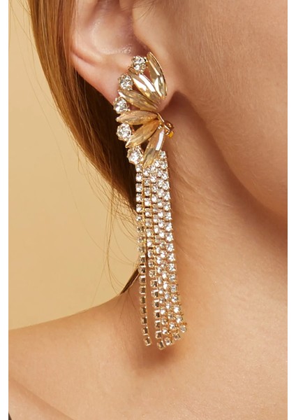 Kadın Altın Renk Sıkıştırmalı Sallantılı Saçaklı Taşlı Model Abiye Elbise Düğün Nişan Parti Söz Küpe