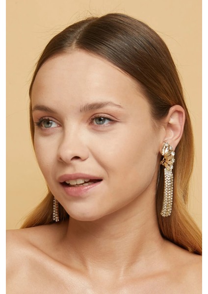 Kadın Altın Renk Sıkıştırmalı Sallantılı Saçaklı Taşlı Model Abiye Elbise Düğün Nişan Parti Söz Küpe modelleri