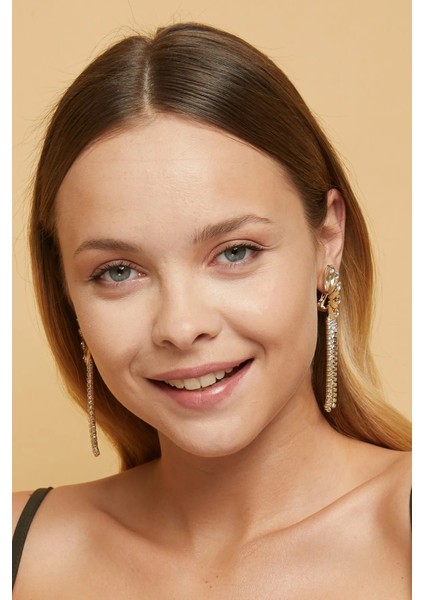 Kadın Altın Renk Sıkıştırmalı Sallantılı Saçaklı Taşlı Model Abiye Elbise Düğün Nişan Parti Söz Küpe fırsatları