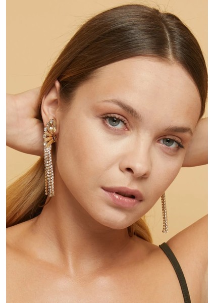 Kadın Altın Renk Sıkıştırmalı Sallantılı Saçaklı Taşlı Model Abiye Elbise Düğün Nişan Parti Söz Küpe indirimleri