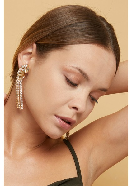 Kadın Altın Renk Sıkıştırmalı Sallantılı Saçaklı Taşlı Model Abiye Elbise Düğün Nişan Parti Söz Küpe