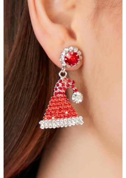 Kadın Kırmızı Yılbaşı Noel Şapka Desenli Zirkon Taşlı Yeni Yıl Kutlama Parti Küpe Modeli