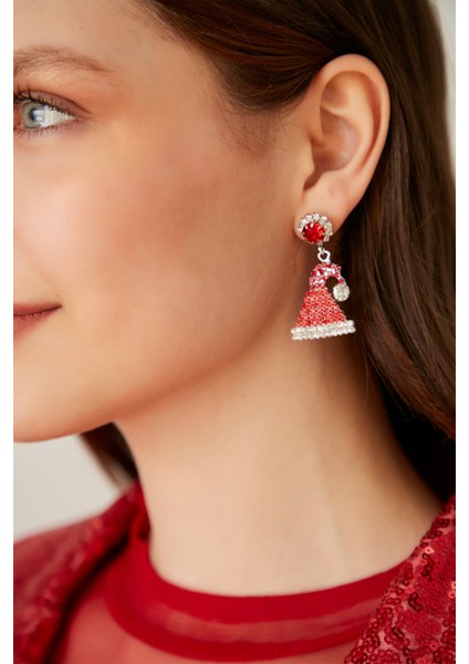 Kadın Kırmızı Yılbaşı Noel Şapka Desenli Zirkon Taşlı Yeni Yıl Kutlama Parti Küpe Modeli fiyatları