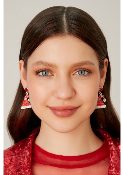 Kadın Kırmızı Yılbaşı Noel Şapka Desenli Zirkon Taşlı Yeni Yıl Kutlama Parti Küpe Modeli