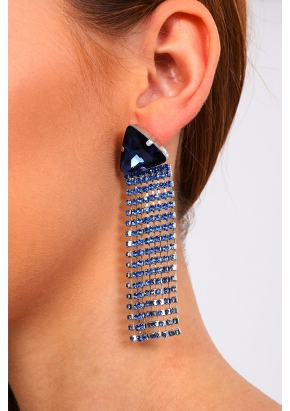 Kadın Mirabella Mavi Renk Zirkon Taşlı Saçaklı Sallantılı Model Pırlanta Abiye Günlük Parti Küpesi