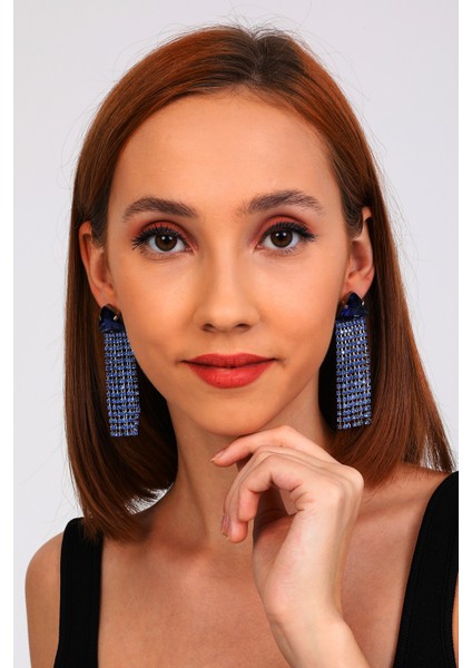 Kadın Mirabella Mavi Renk Zirkon Taşlı Saçaklı Sallantılı Model Pırlanta Abiye Günlük Parti Küpesi modelleri