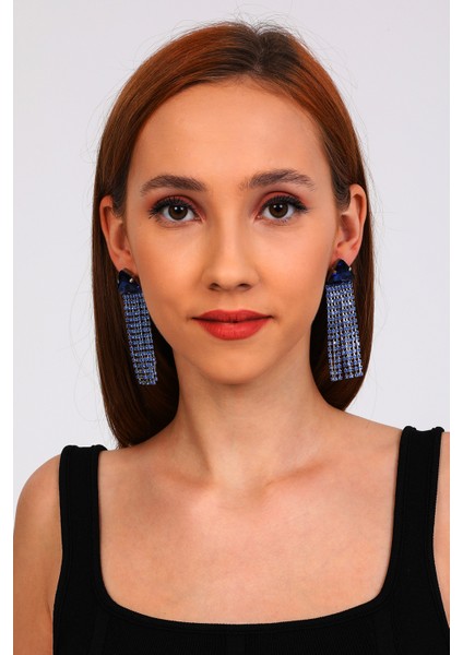 Kadın Mirabella Mavi Renk Zirkon Taşlı Saçaklı Sallantılı Model Pırlanta Abiye Günlük Parti Küpesi