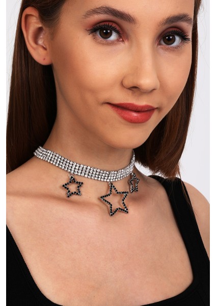 Kadın 3 Yıldız Model Zirkon Taşlı Gümüş Pırlanta Abiye Gerdanlık Kolye Tasma Boyunluk Nişan Choker