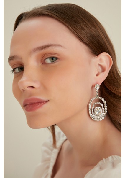 Kadın Gümüş Elmas Sallantılı Halkalı Kristal Zirkon Taşlı Model Abiye Düğün Gelin Söz Günlük Küpe