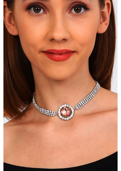 Kadın Rose Oval Model Zirkon Taşlı Gümüş Pırlanta Gerdanlık Kolye Abiye Düğün Nişan Tasma Choker