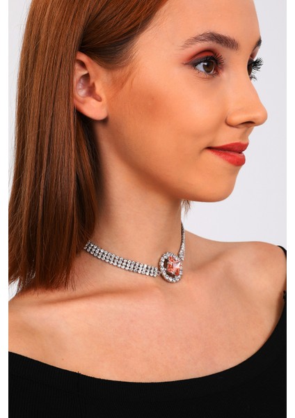 Kadın Rose Oval Model Zirkon Taşlı Gümüş Pırlanta Gerdanlık Kolye Abiye Düğün Nişan Tasma Choker