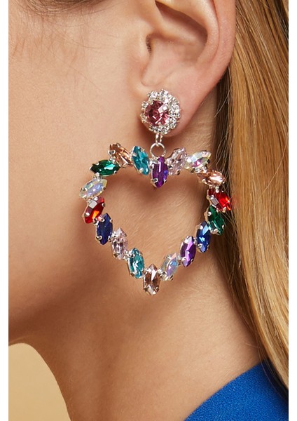 Kadın Renk Çeşitli Kalp Model Zirkon Taşlı Gümüş Pırlanta Elmas Abiye Elbise Nişan Düğün Parti Küpe