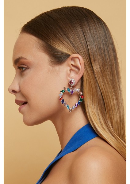 Kadın Renk Çeşitli Kalp Model Zirkon Taşlı Gümüş Pırlanta Elmas Abiye Elbise Nişan Düğün Parti Küpe