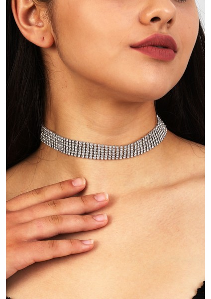 Furtek Aksesuar Kadın 6 Sıra Model Zirkon Taşlı Gümüş Pırlanta Düğün Nişan Gelin Abiye Tasma Gerdanlık Kolye Choker