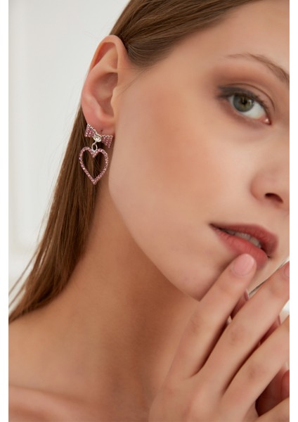 Kadın Pembe Papyon Kalp Model Kristal Zirkon Taşlı Günlük Küpe Modeli Abiye Elbise Sevgililer Günü